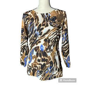 Jones New York Sweater Size S in Brown Animal Print w/Touches of Blue